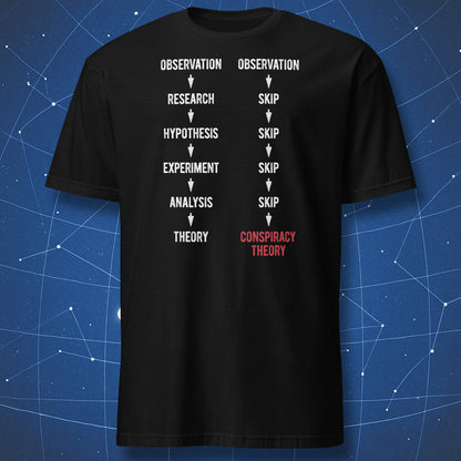Black t-shirt with scientific method vs conspiracy theory flowchart minimalist white and red print