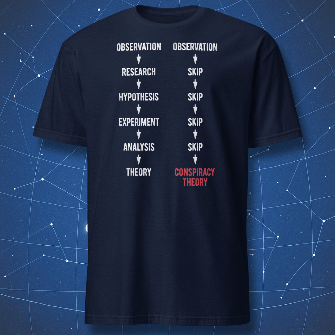 Navy blue t-shirt with scientific method vs conspiracy theory diagram clean white print