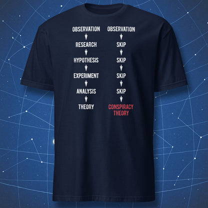 Navy blue t-shirt with scientific method vs conspiracy theory diagram clean white print