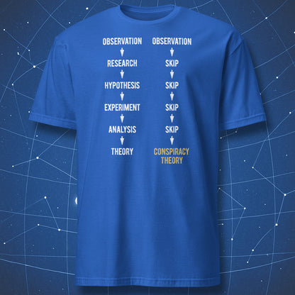Royal blue t-shirt with scientific method vs conspiracy theory design white and yellow text
