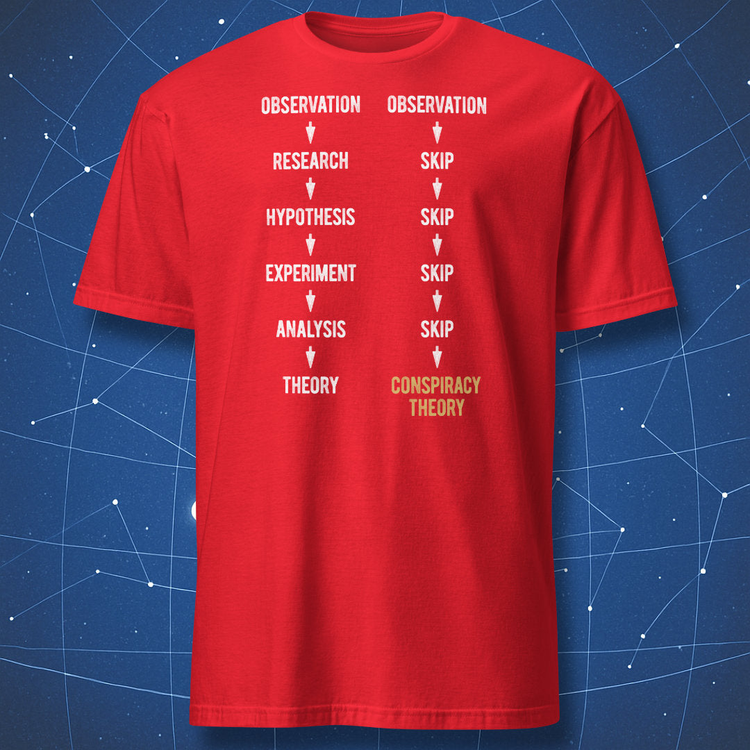 Red t-shirt with scientific method vs conspiracy theory flowchart bold white and yellow print