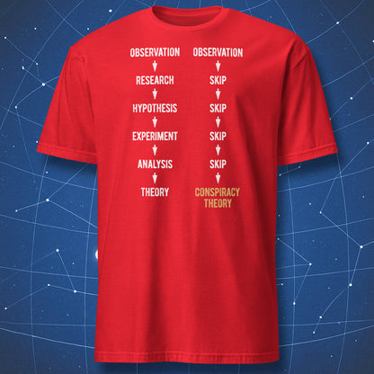 Red t-shirt with scientific method vs conspiracy theory flowchart bold white and yellow print