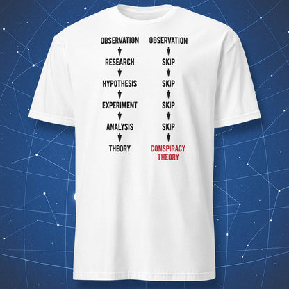 White t-shirt with scientific method vs conspiracy theory diagram black and red text