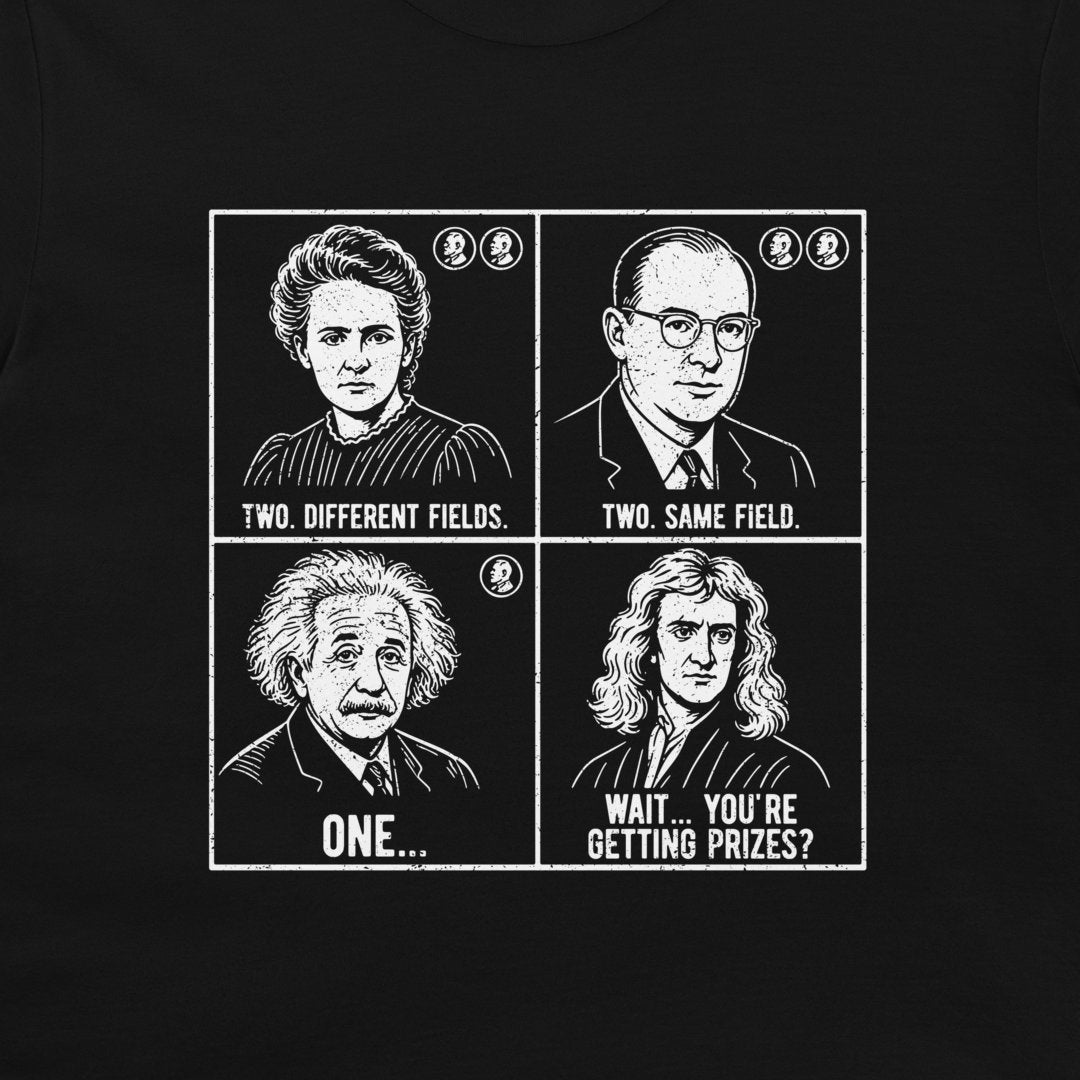 A black graphic t-shirt featuring a four-panel white illustration with portraits of notable scientists and humorous text labels.