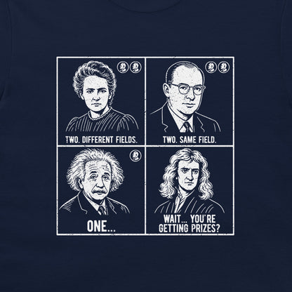 A navy blue t-shirt featuring a white graphic print of four famous scientists in a 2x2 grid with humorous text labels.