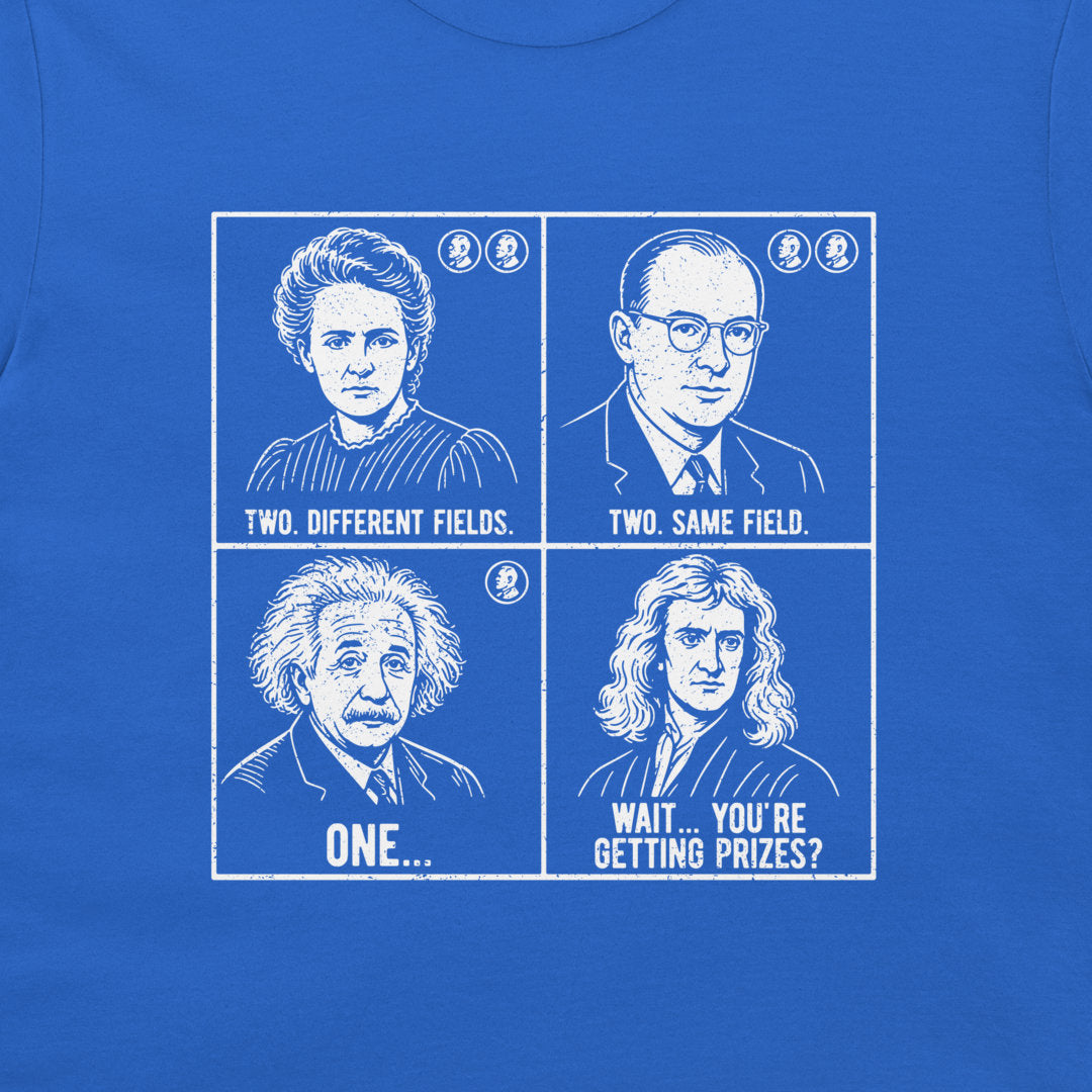 A close-up of a blue garment, likely a t-shirt, featuring a white graphic print of four famous scientists in a 2x2 grid with humorous text labels.