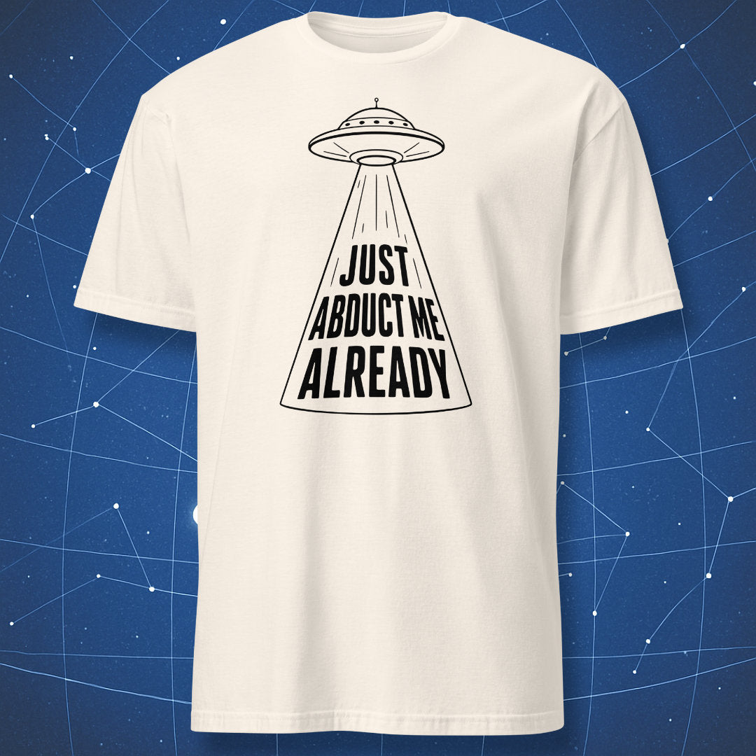 Natural color t-shirt with minimalist alien abduction design and bold text