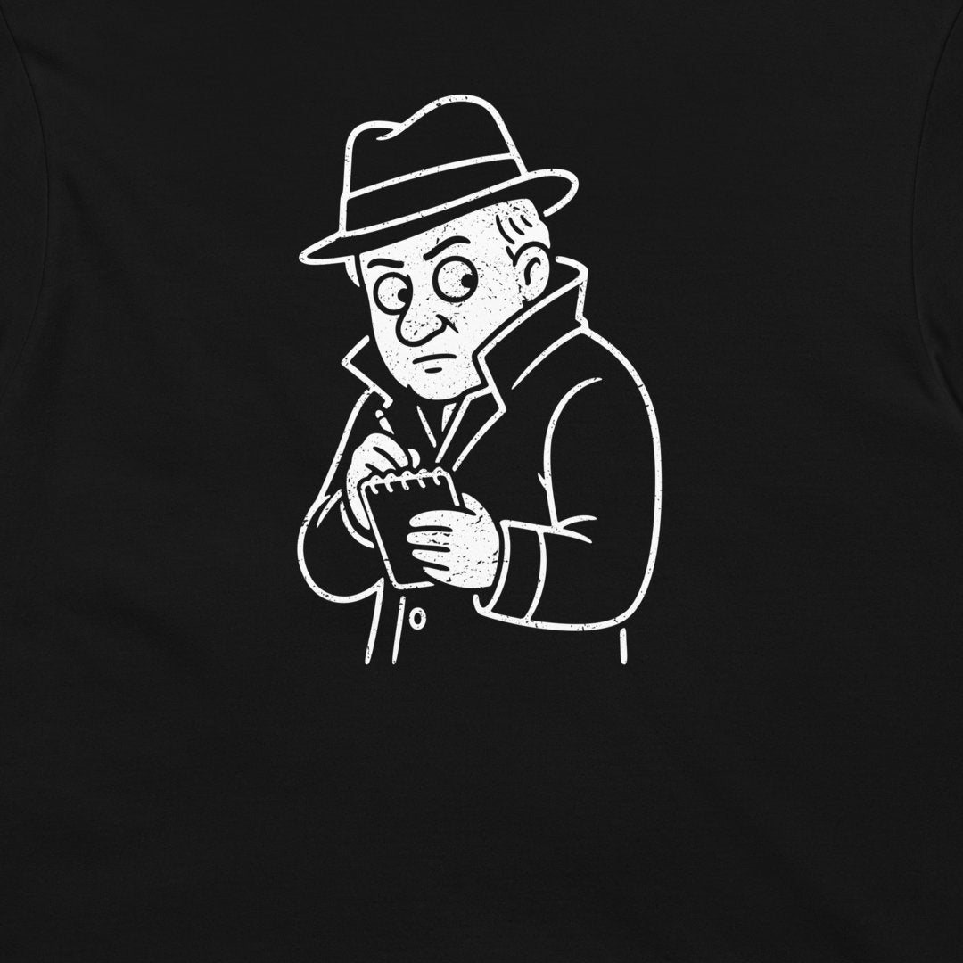 A close-up of a black t-shirt back, featuring a white line-art graphic of Edisonin a fedora hat holding a notebook.