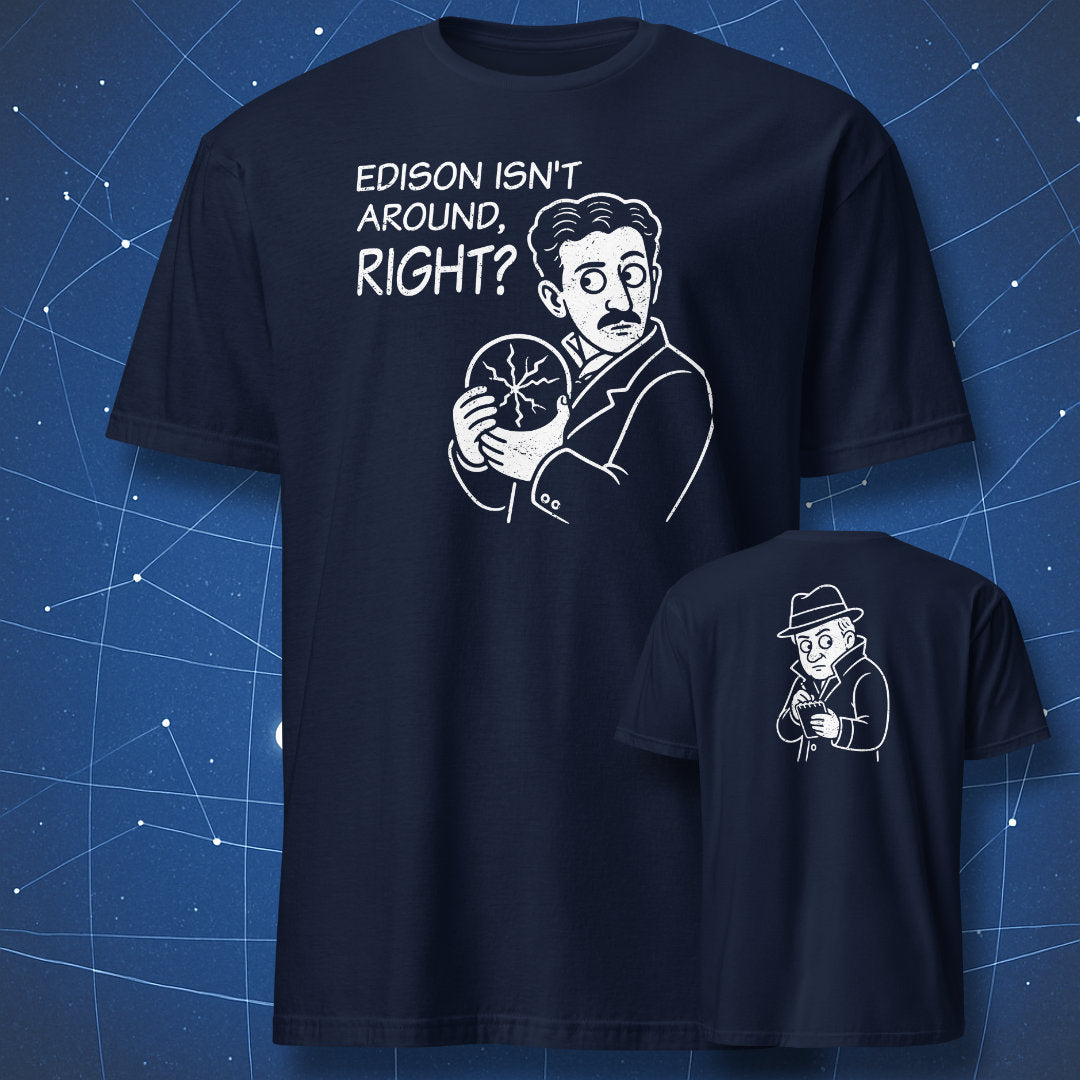 navy blue tesla edison funny science t-shirt front back print design