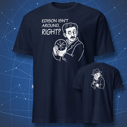 navy blue tesla edison funny science t-shirt front back print design