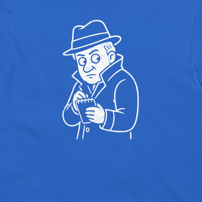 A close-up of a royal blue garment featuring a white line-art graphic of Thomas Edison in a hat and coat holding a small notebook.