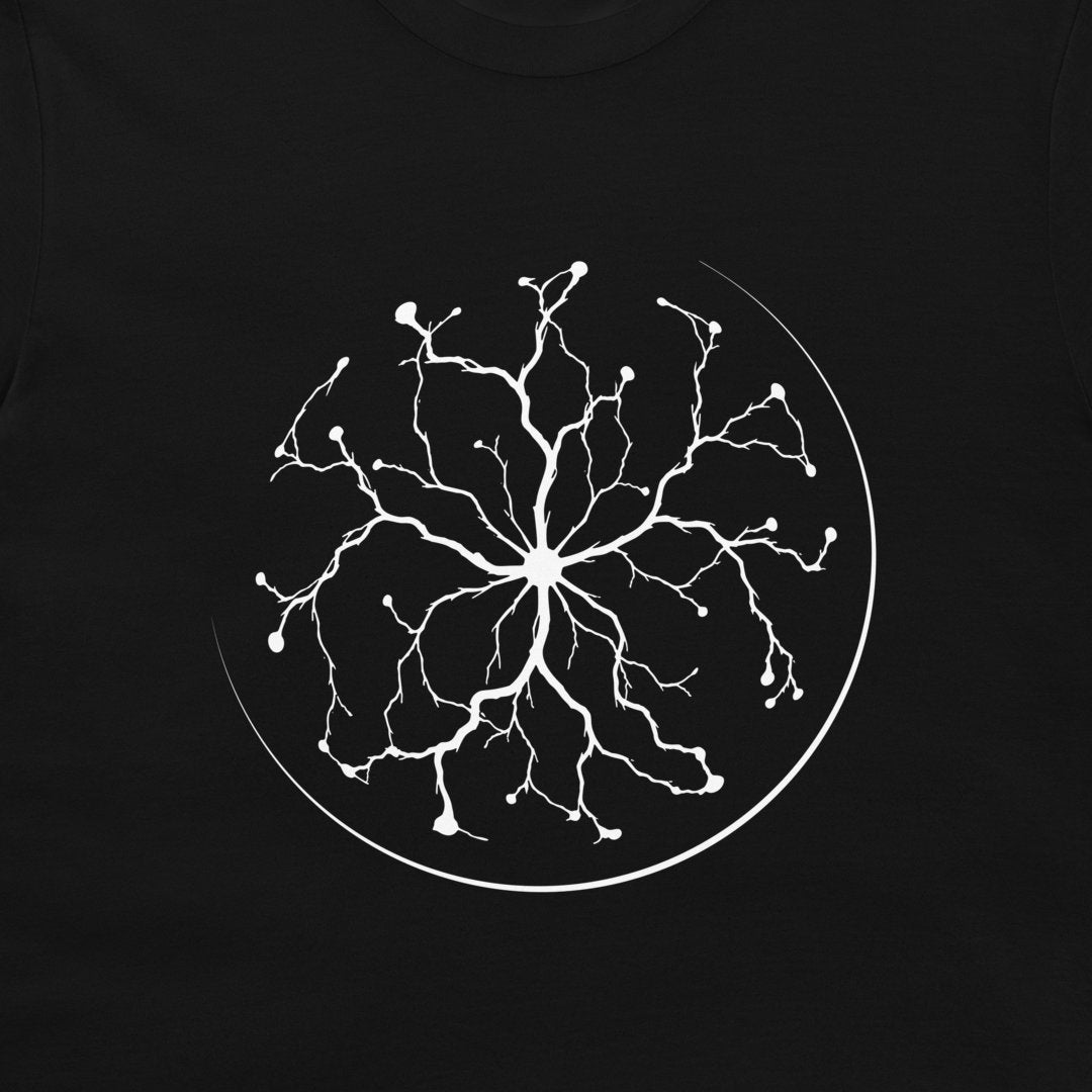 A black t-shirt featuring a white graphic print of a plasma ball on the chest.