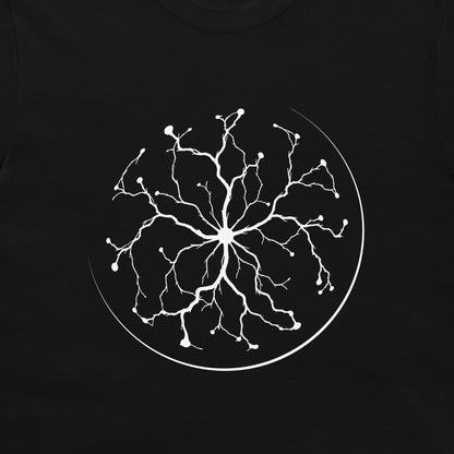 A black t-shirt featuring a white graphic print of a plasma ball on the chest.