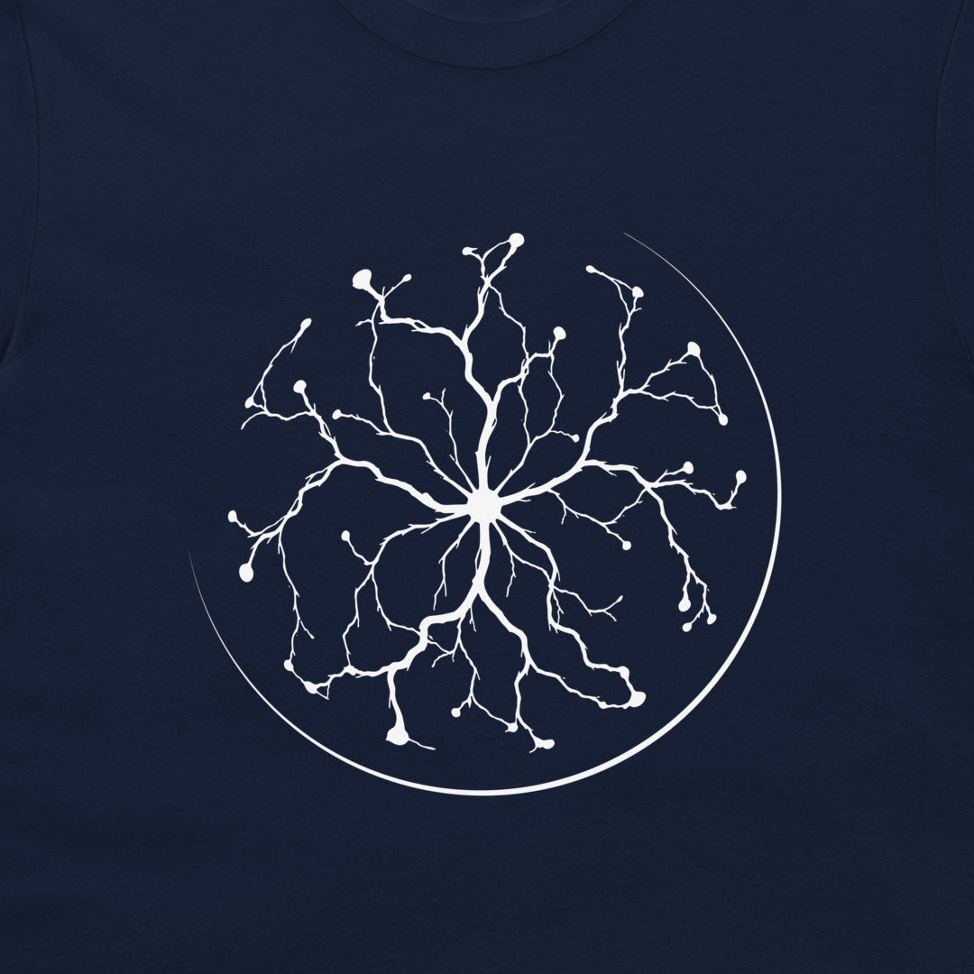 A close-up of a navy blue t-shirt, featuring a white graphic print of a plasma ball on the chest.