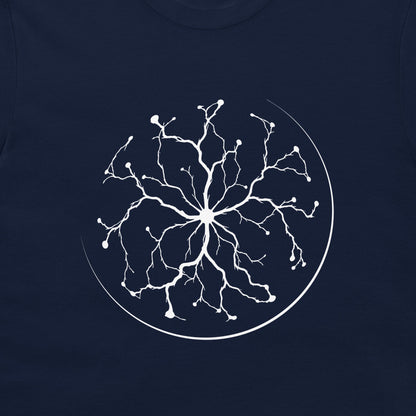 A close-up of a navy blue t-shirt, featuring a white graphic print of a plasma ball on the chest.