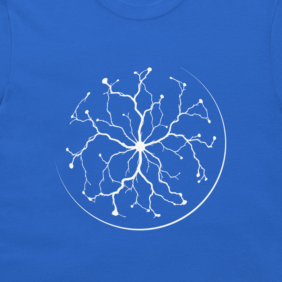 A close-up of a royal blue t-shirt featuring a white graphic print of a plasma ball on the chest.