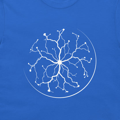 A close-up of a royal blue t-shirt featuring a white graphic print of a plasma ball on the chest.