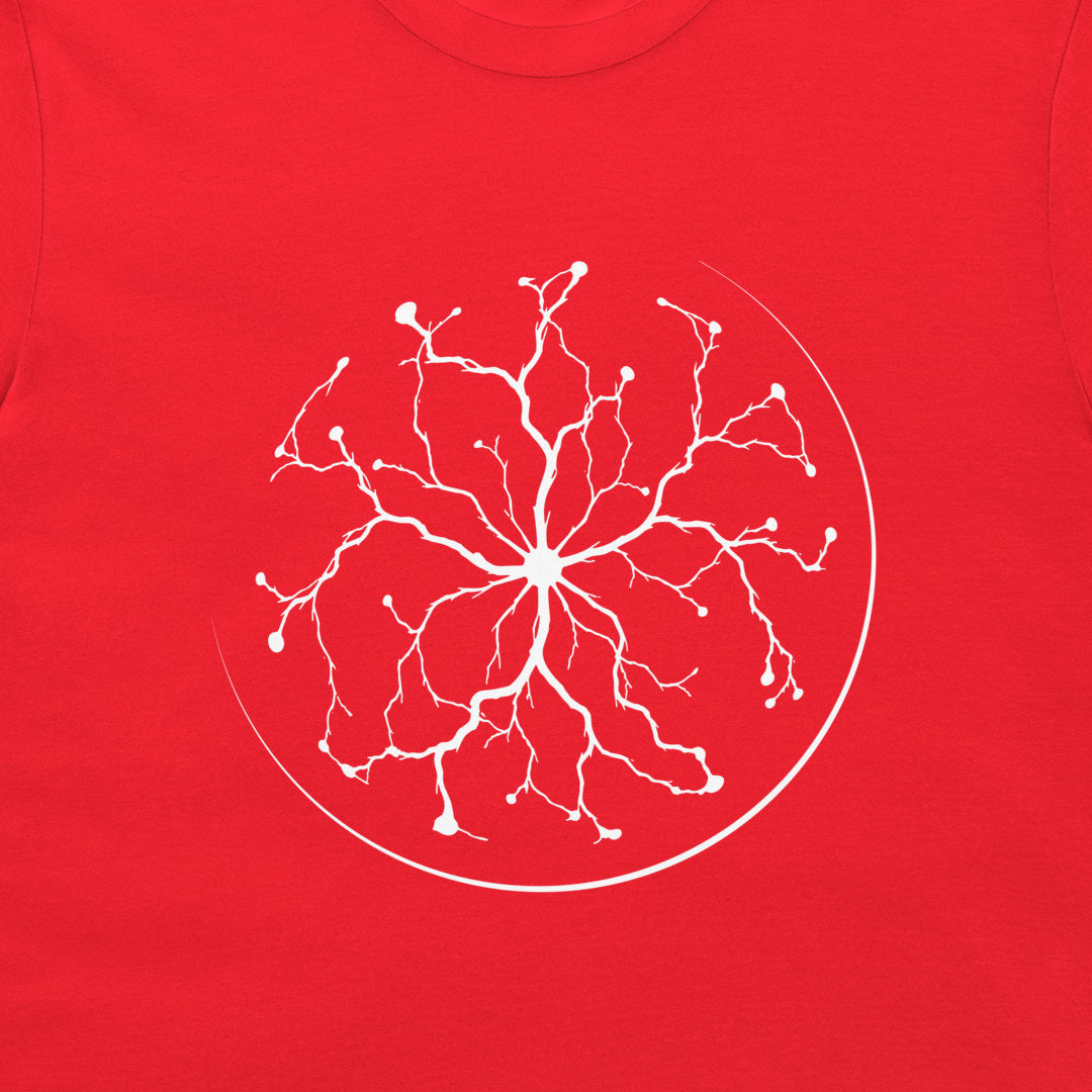 A close-up of a bright red t-shirt, featuring a white graphic print of a plasma ball on the chest.
