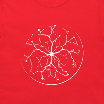 A close-up of a bright red t-shirt, featuring a white graphic print of a plasma ball on the chest.