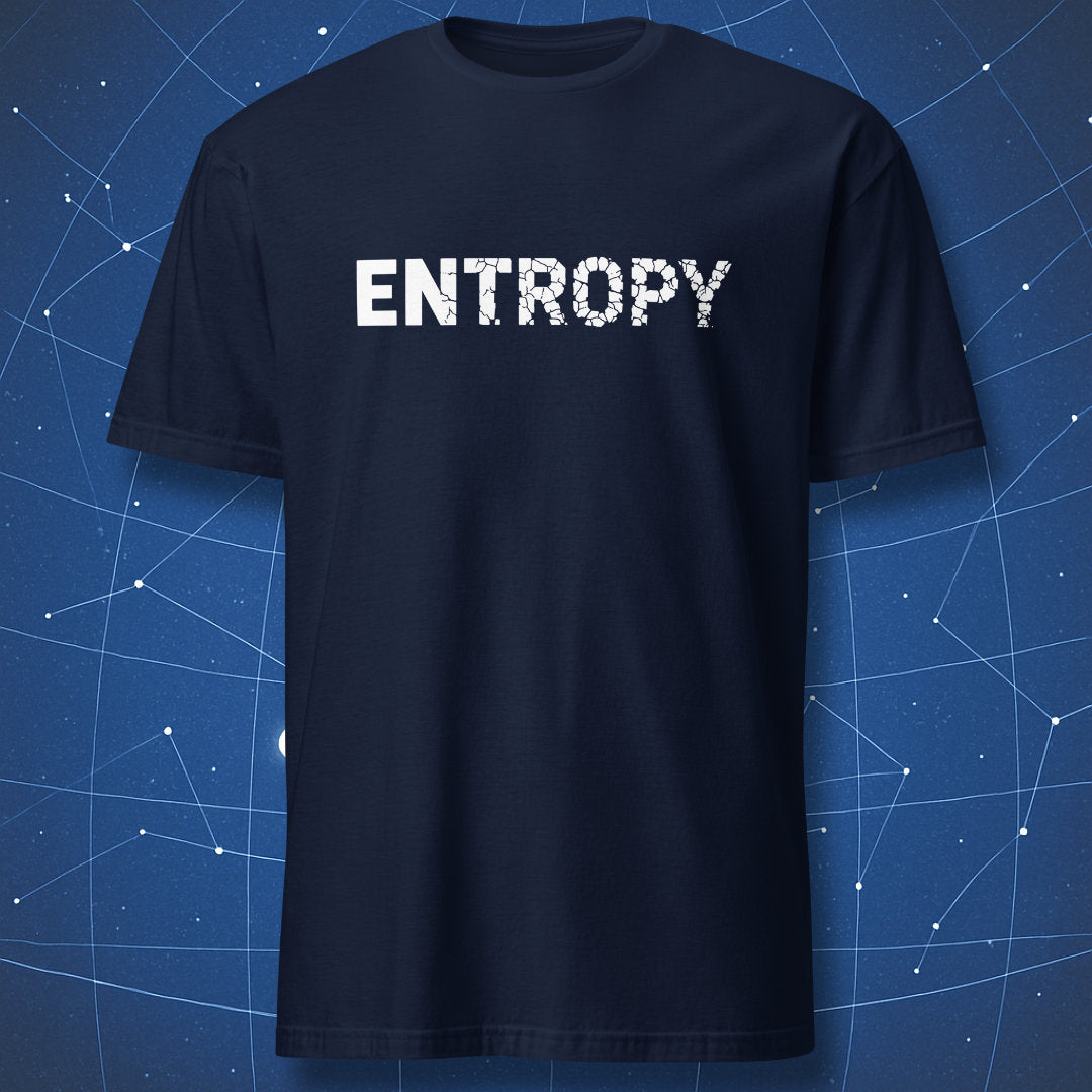 Entropy physics t-shirt showing gradual decay of letters in cracked typography on navy shirt