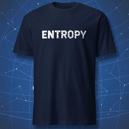 Entropy physics t-shirt showing gradual decay of letters in cracked typography on navy shirt
