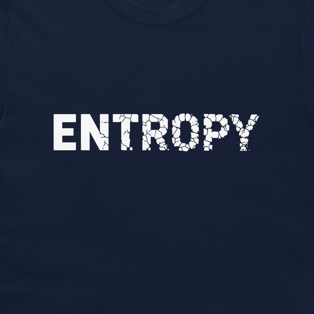 A close-up of a navy blue t-shirt featuring the word 'ENTROPY' printed across the chest in a bold white distressed font.