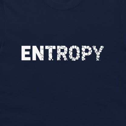 A close-up of a navy blue t-shirt featuring the word 'ENTROPY' printed across the chest in a bold white distressed font.
