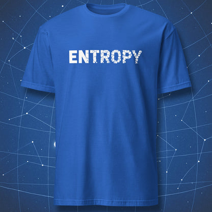 Entropy science shirt with minimalist cracked lettering illustrating disorder on royal blue fabric