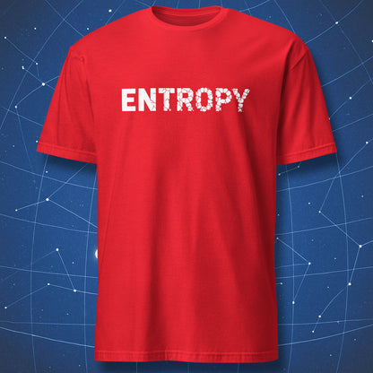 Entropy chaos typography design with fractured letters printed on red t-shirt