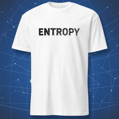 Entropy minimalist design with black cracked typography showing increasing disorder on white shirt
