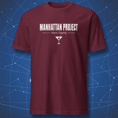 Minimalist Manhattan Project cocktail humor graphic t-shirt on maroon shirt