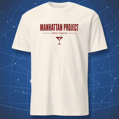 Retro minimalist Manhattan Project science joke t-shirt with cocktail icon on natural shirt