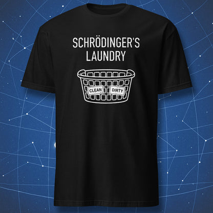 Schrödinger’s Laundry funny physics t-shirt with clean and dirty laundry basket graphic on black shirt