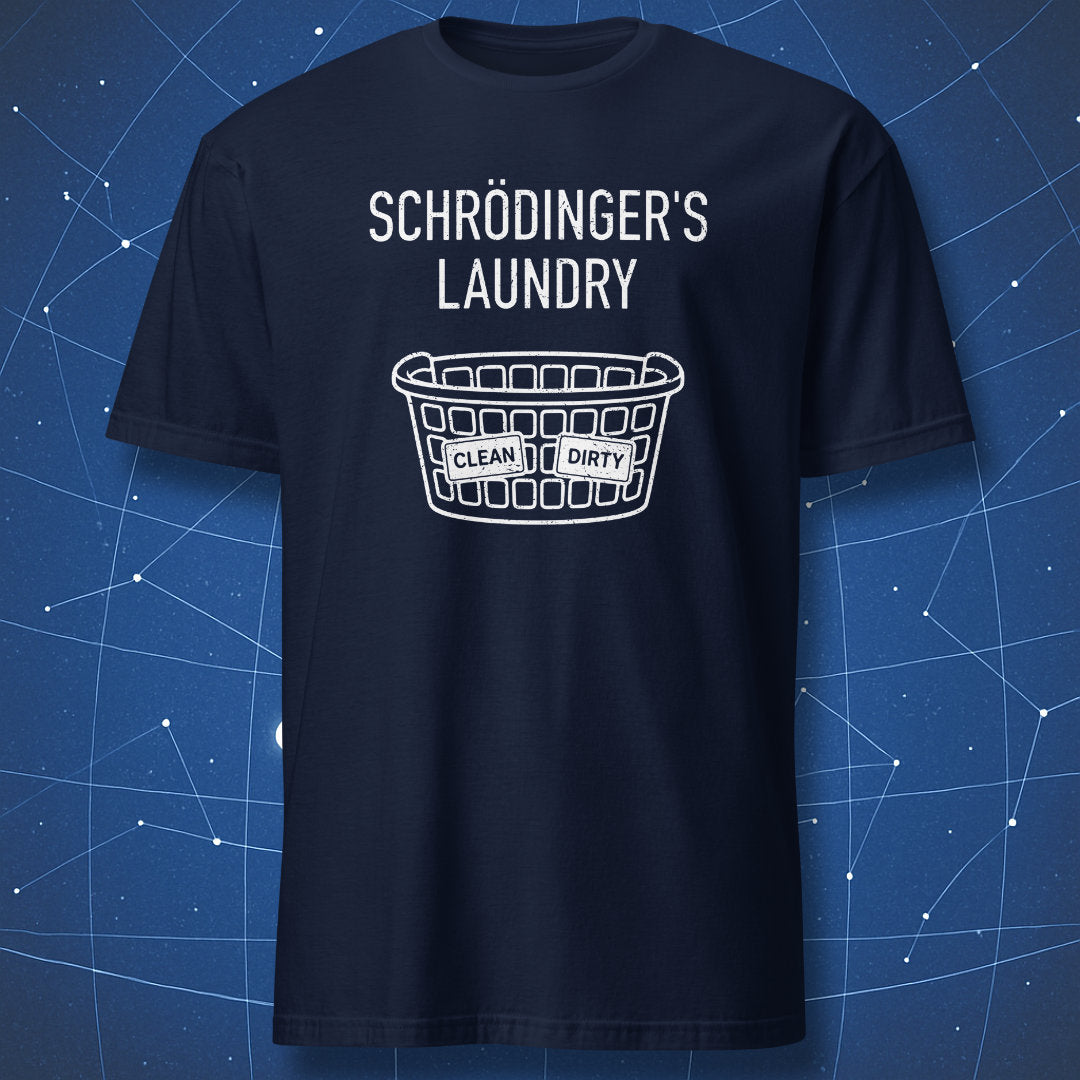 Minimalist science humor t-shirt featuring Schrödinger’s Laundry basket design on navy shirt