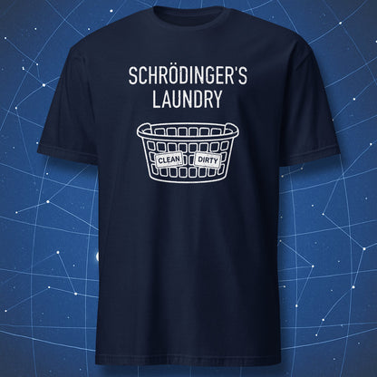 Minimalist science humor t-shirt featuring Schrödinger’s Laundry basket design on navy shirt