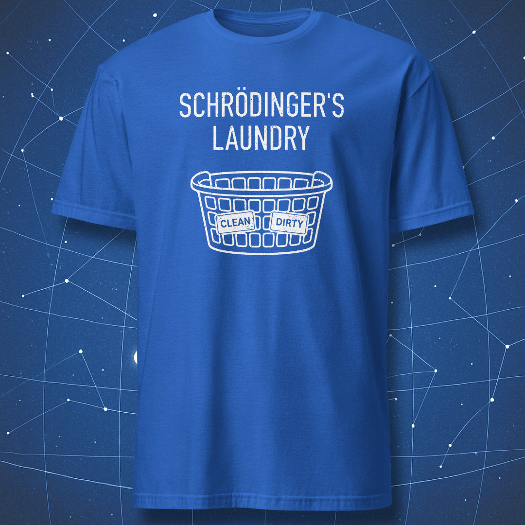 Funny quantum physics laundry shirt with clean dirty basket graphic on royal blue t-shirt