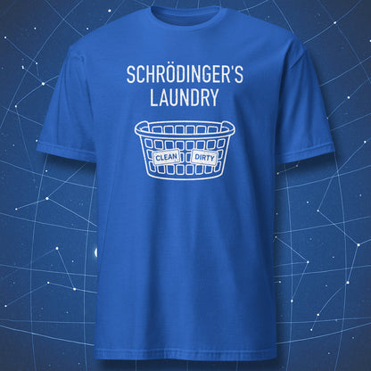 Funny quantum physics laundry shirt with clean dirty basket graphic on royal blue t-shirt