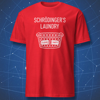 Schrödinger’s Laundry nerd humor graphic tee with minimalist laundry basket illustration on red shirt
