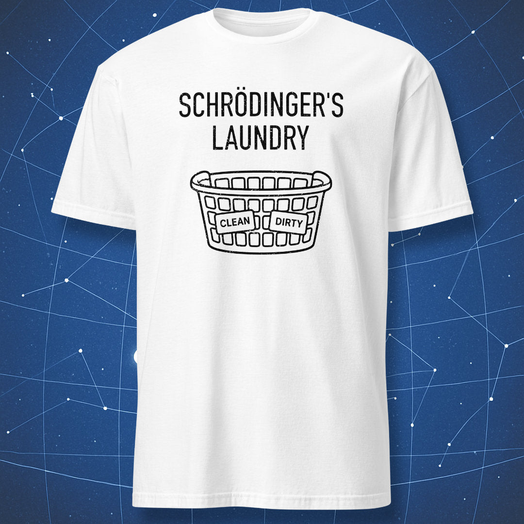 Minimalist physics joke shirt with Schrödinger’s Laundry clean dirty basket graphic on white t-shirt