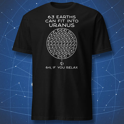 63 Earths Can Fit Into Uranus funny astronomy graphic t-shirt in black