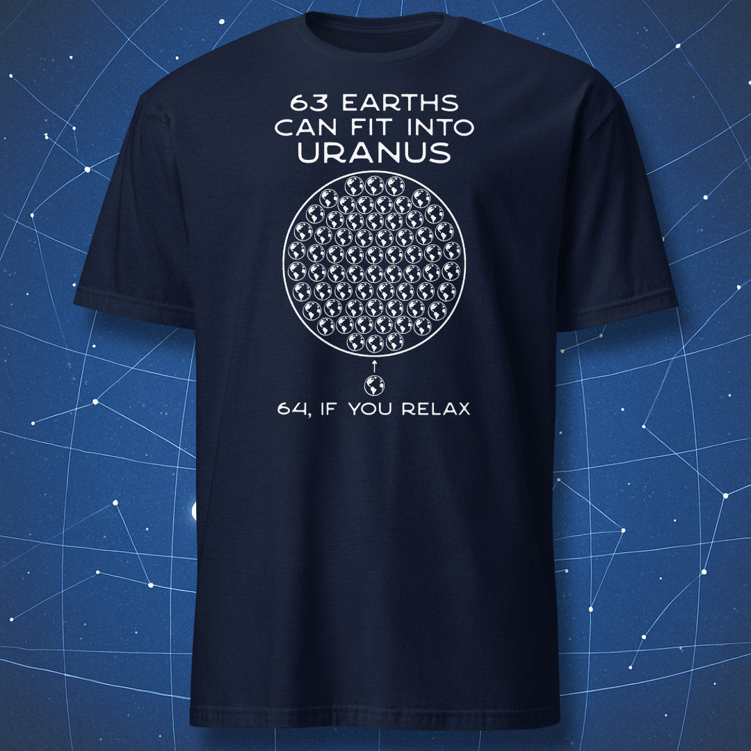 63 Earths Can Fit Into Uranus minimalist space humor t-shirt in navy blue