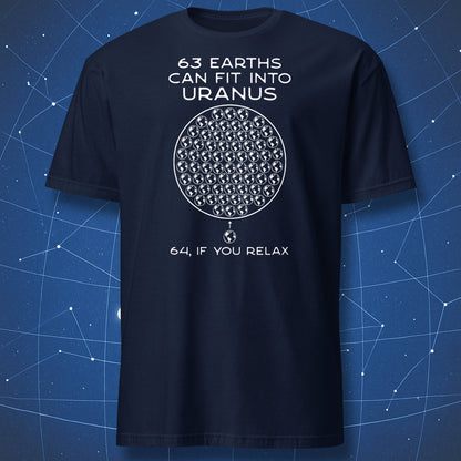 63 Earths Can Fit Into Uranus minimalist space humor t-shirt in navy blue