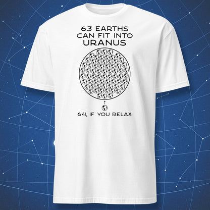 Minimalist astronomy joke t-shirt with Earth packing diagram in white
