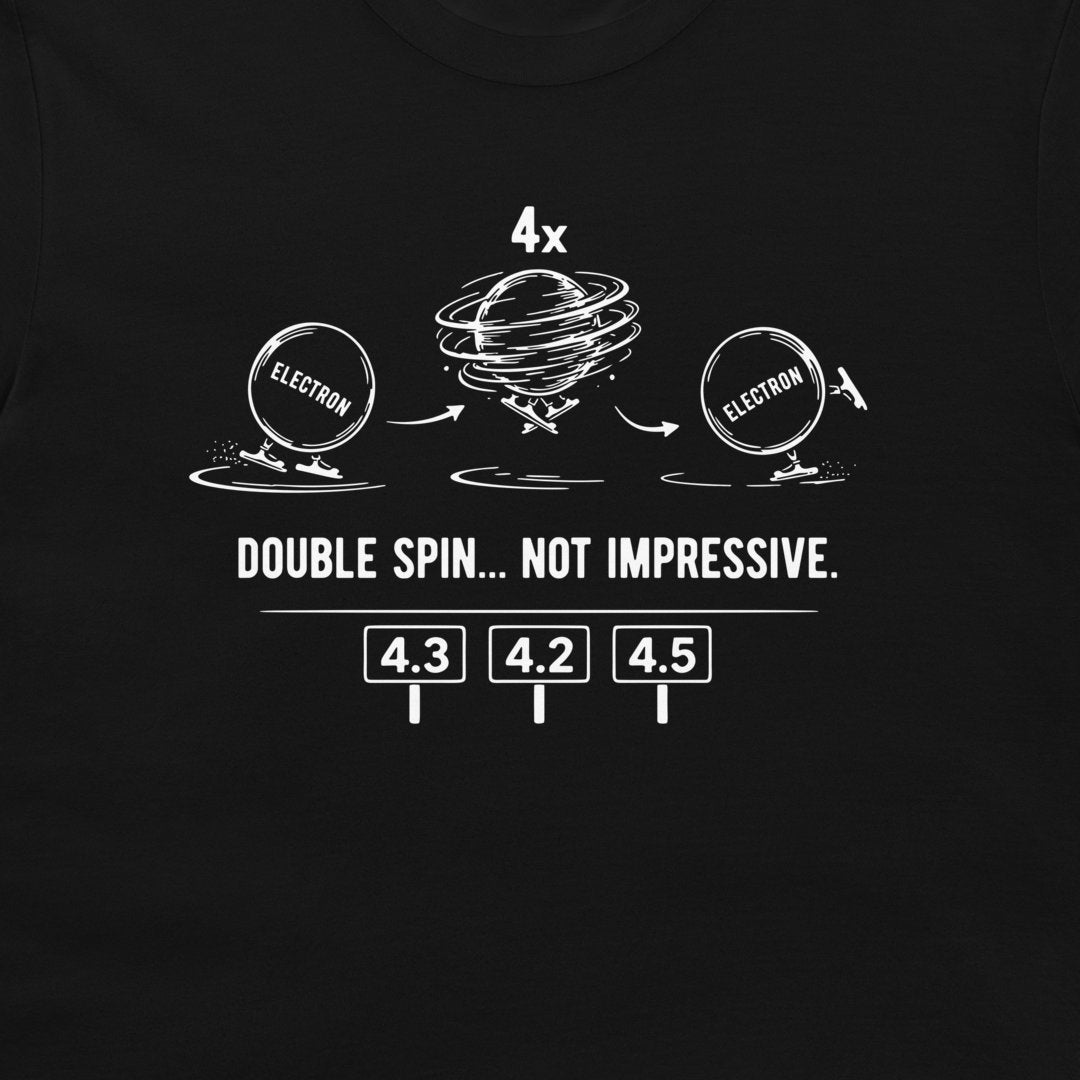 Close-up of black T-shirt with electron figure skating quantum physics design.