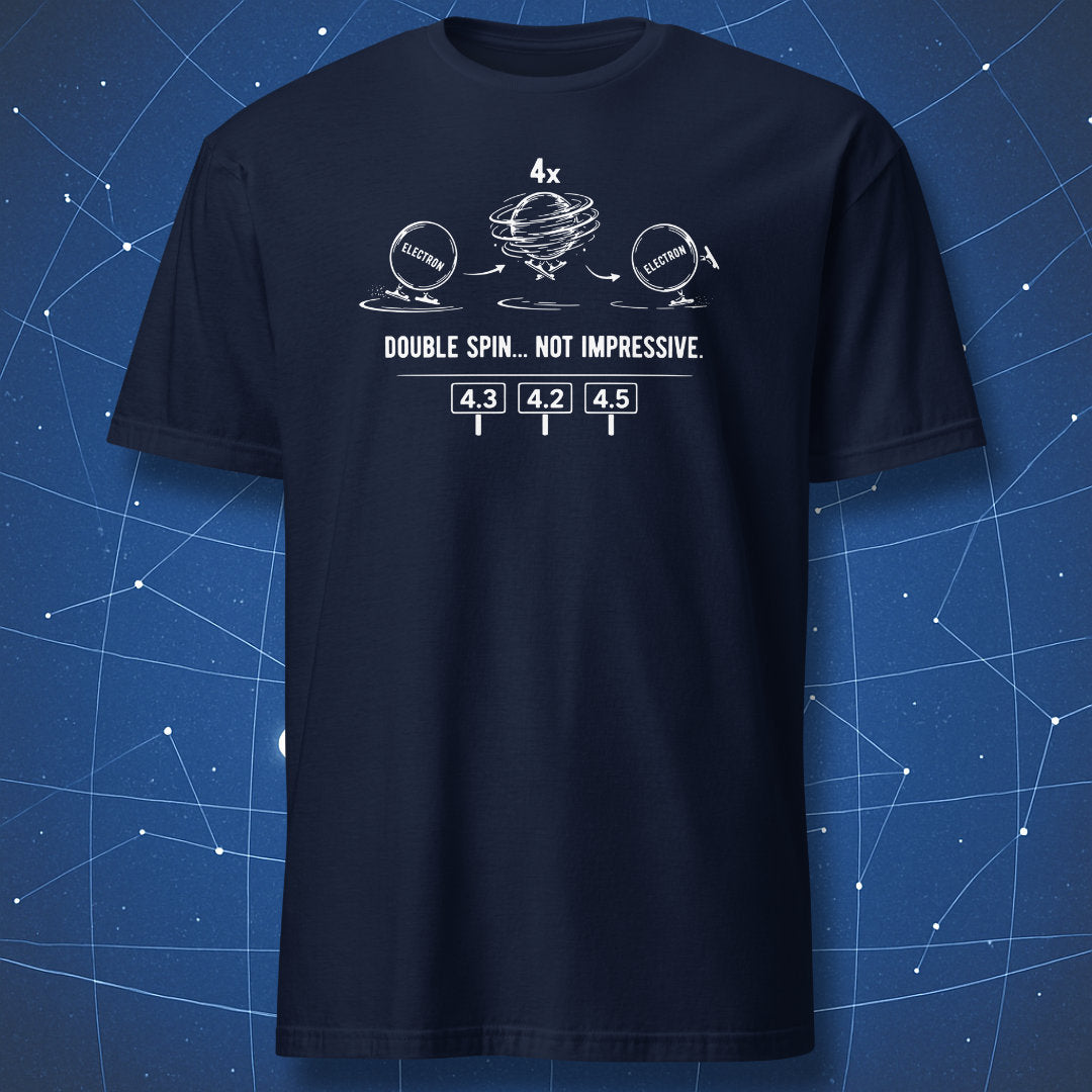 Navy T-shirt with electron double spin science humor graphic