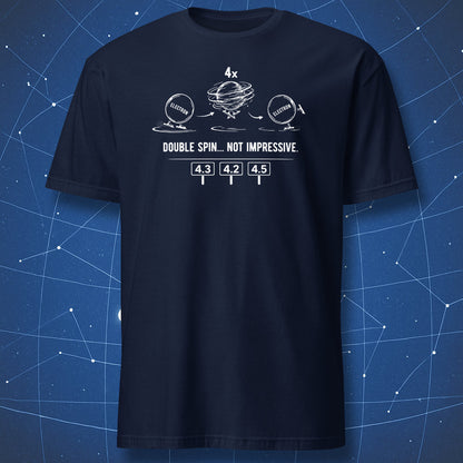Navy T-shirt with electron double spin science humor graphic