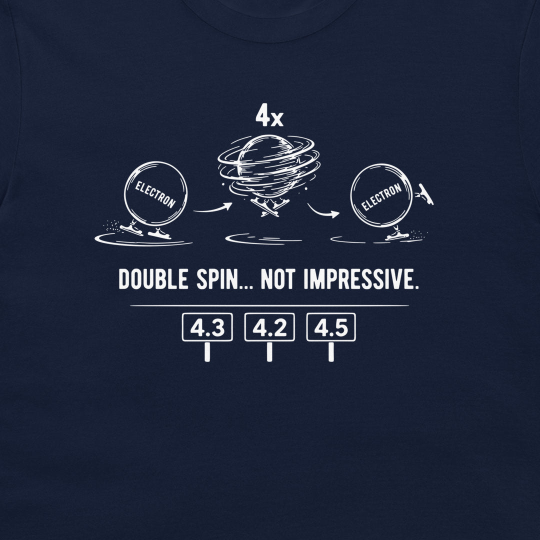 Close-up of navy blue T-shirt with electron figure skating quantum physics design.