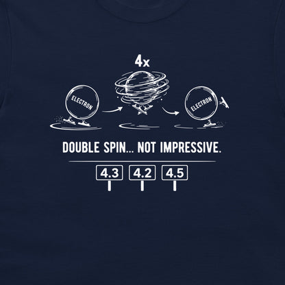 Close-up of navy blue T-shirt with electron figure skating quantum physics design.