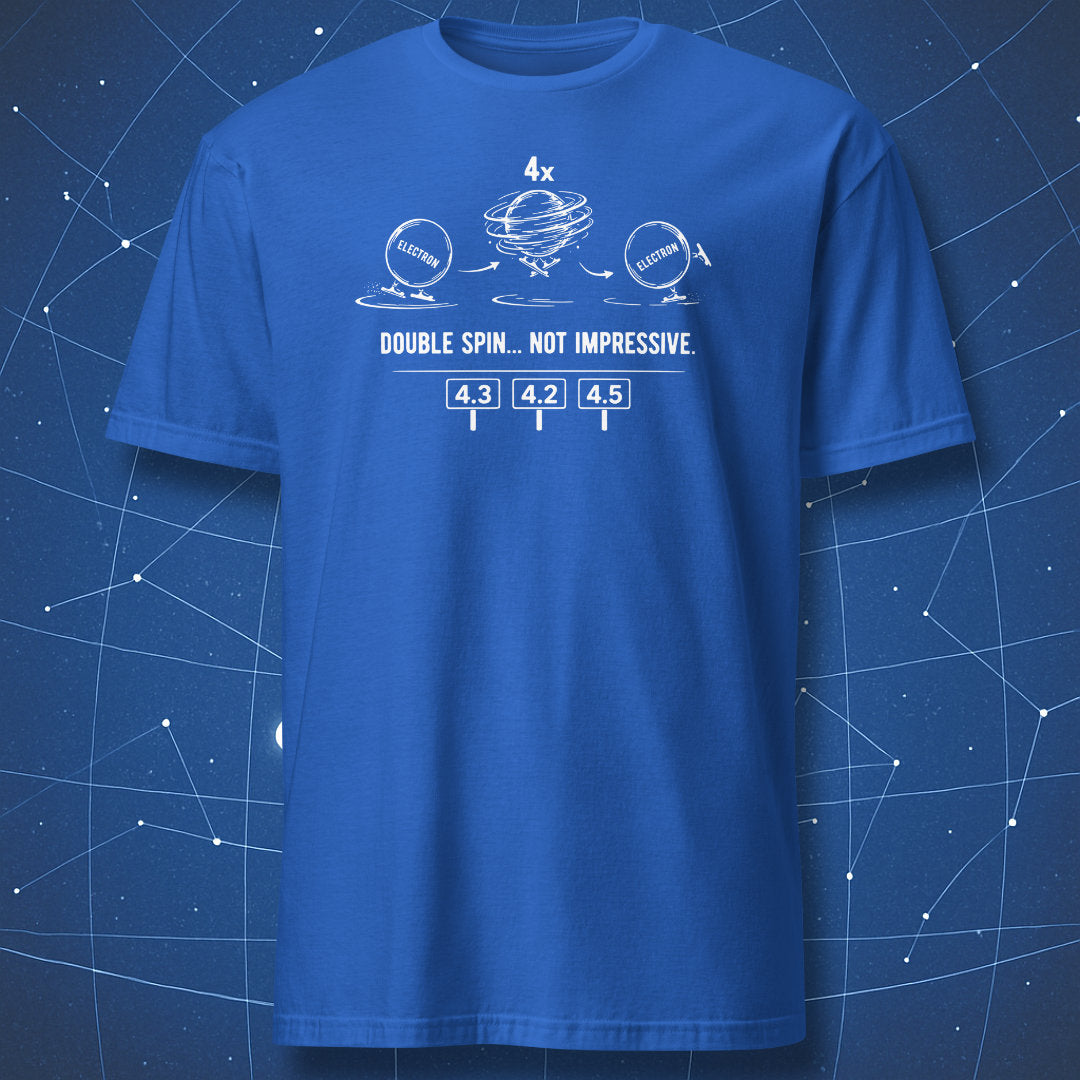 Royal blue physics humor shirt with electron skating illustration