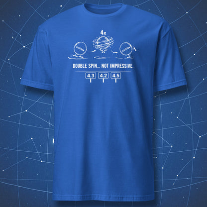 Royal blue physics humor shirt with electron skating illustration